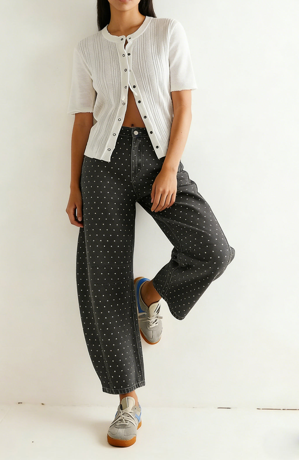 CHOUYATOU Women Baggy Polka Dot Barrel Jeans Y2K Floral Print Wide Leg Jeans Boyfriend Denim Ankle Pants