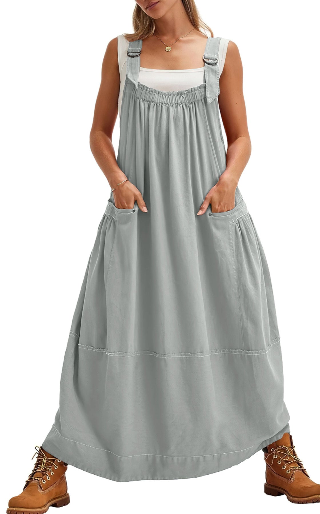 chouyatou Women's Cargo Overall Dress Sleeveless Adjustable Strap Safari Maxi Jumper Dress with Pockets