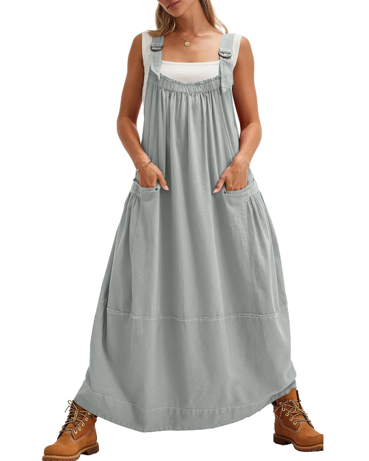 chouyatou Women's Cargo Overall Dress Sleeveless Adjustable Strap Safari Maxi Jumper Dress with Pockets