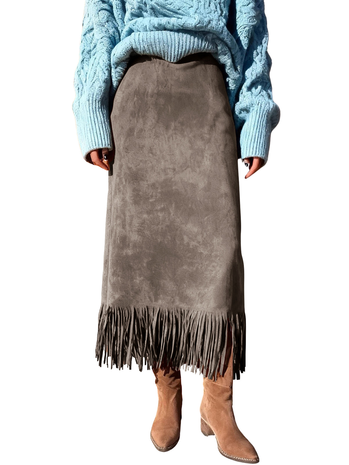 CHOUYATOU Women's Fringe Trim Faux Suede Skirt High Waisted Pencil Dressy Fall Winter Midi Long Skirt
