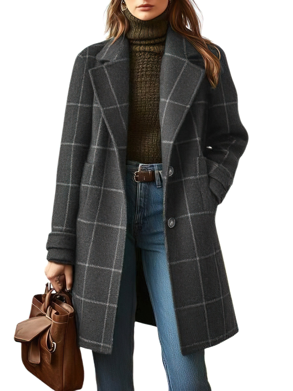 CHOUYATOU Womens Winter Notched Collar Mid Long Plaid Wool Trench Coat  Wool Peacoat,Wool Blend,Single Breasted,Overcoat,Outerwear,Winter Warm,Checkered Print,Dressy,Outfits,Lapel Collar