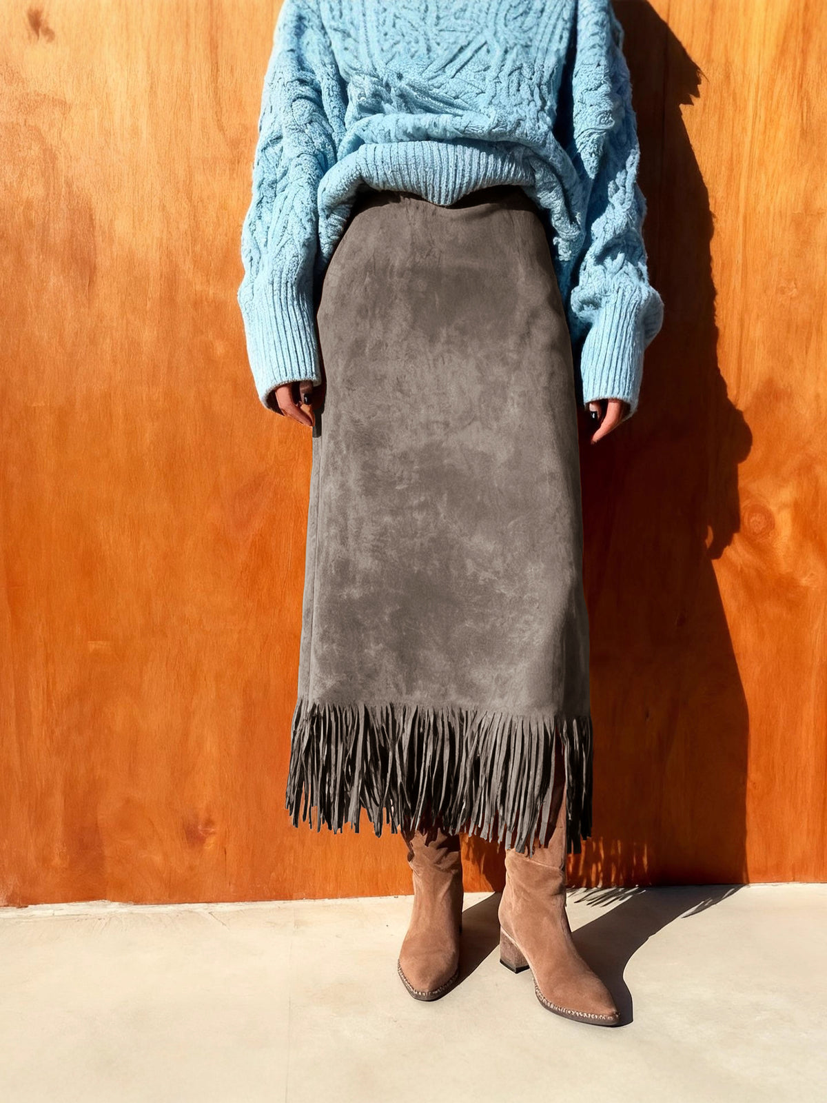 CHOUYATOU Women's Fringe Trim Faux Suede Skirt High Waisted Pencil Dressy Fall Winter Midi Long Skirt