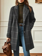 CHOUYATOU Womens Winter Notched Collar Mid Long Plaid Wool Trench Coat  Wool Peacoat,Wool Blend,Single Breasted,Overcoat,Outerwear,Winter Warm,Checkered Print,Dressy,Outfits,Lapel Collar
