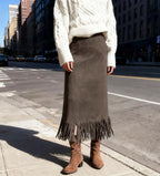 CHOUYATOU Women's Fringe Trim Faux Suede Skirt High Waisted Pencil Dressy Fall Winter Midi Long Skirt
