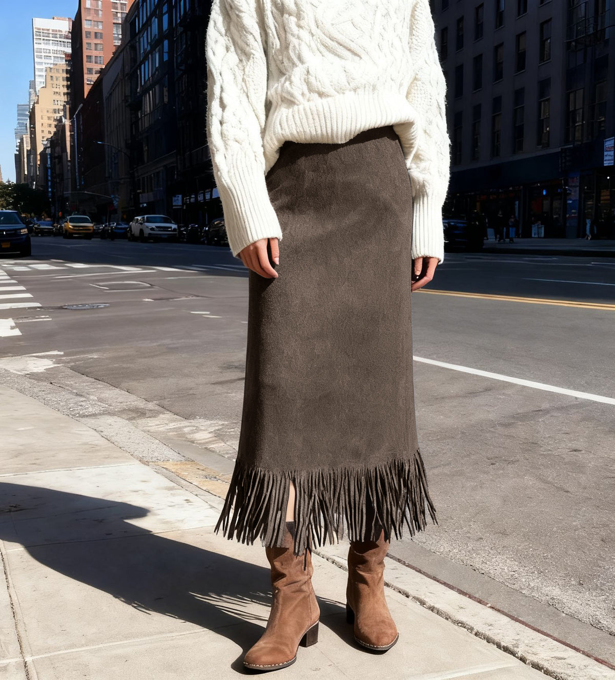 CHOUYATOU Women's Fringe Trim Faux Suede Skirt High Waisted Pencil Dressy Fall Winter Midi Long Skirt