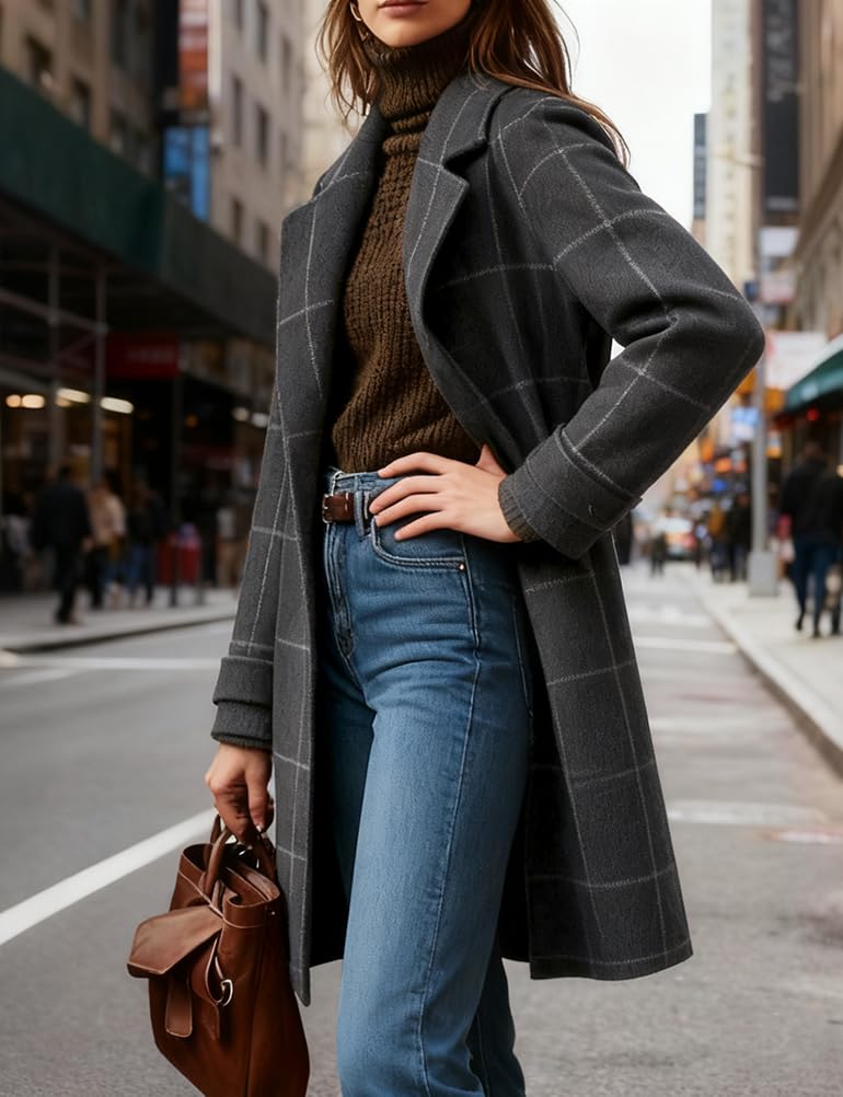 CHOUYATOU Womens Winter Notched Collar Mid Long Plaid Wool Trench Coat  Wool Peacoat,Wool Blend,Single Breasted,Overcoat,Outerwear,Winter Warm,Checkered Print,Dressy,Outfits,Lapel Collar