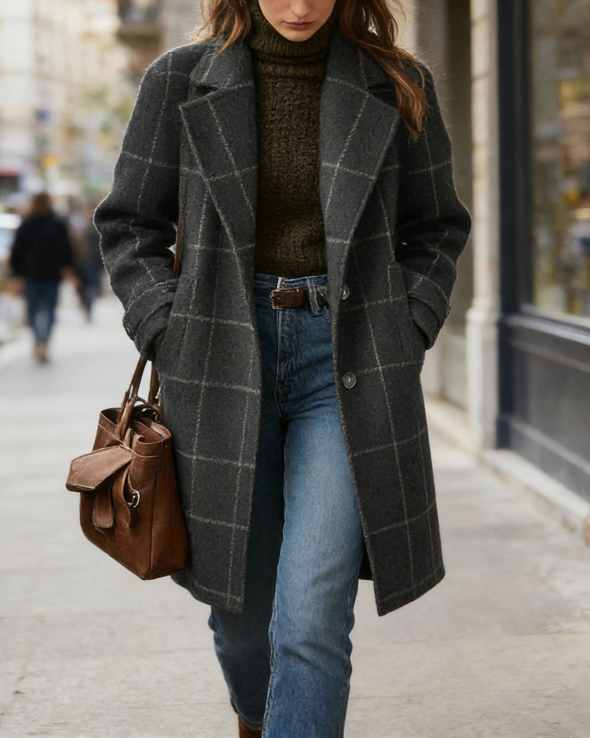 CHOUYATOU Womens Winter Notched Collar Mid Long Plaid Wool Trench Coat  Wool Peacoat,Wool Blend,Single Breasted,Overcoat,Outerwear,Winter Warm,Checkered Print,Dressy,Outfits,Lapel Collar