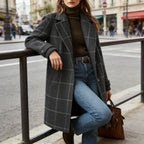 CHOUYATOU Womens Winter Notched Collar Mid Long Plaid Wool Trench Coat  Wool Peacoat,Wool Blend,Single Breasted,Overcoat,Outerwear,Winter Warm,Checkered Print,Dressy,Outfits,Lapel Collar