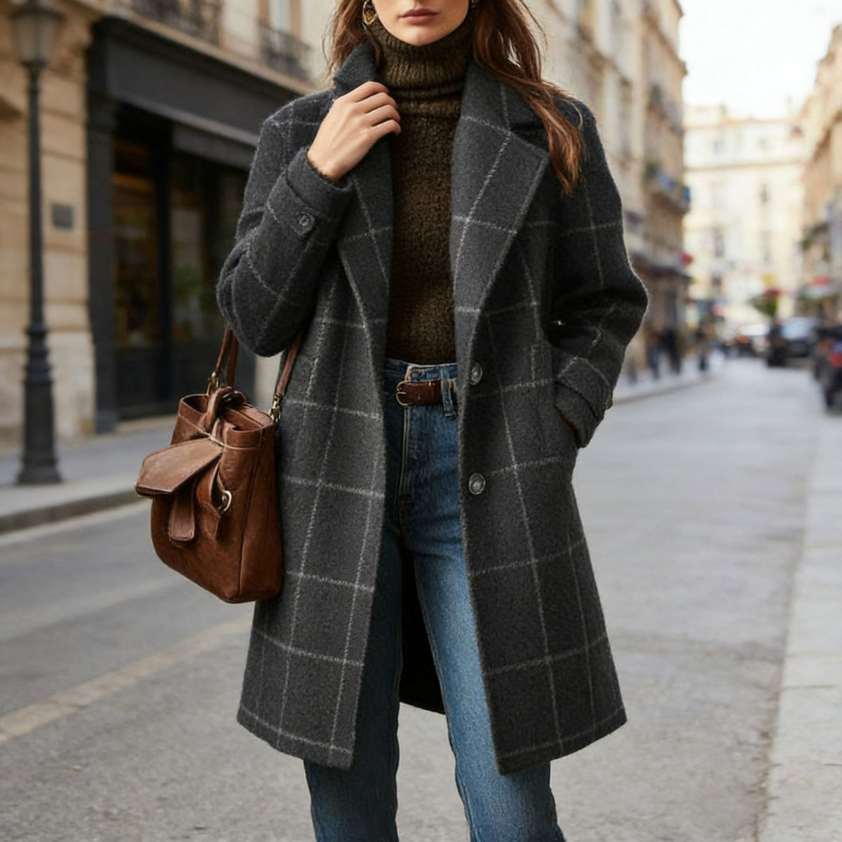 CHOUYATOU Womens Winter Notched Collar Mid Long Plaid Wool Trench Coat  Wool Peacoat,Wool Blend,Single Breasted,Overcoat,Outerwear,Winter Warm,Checkered Print,Dressy,Outfits,Lapel Collar