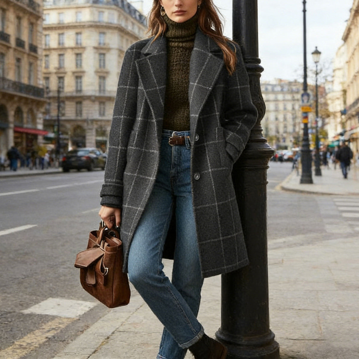 CHOUYATOU Womens Winter Notched Collar Mid Long Plaid Wool Trench Coat  Wool Peacoat,Wool Blend,Single Breasted,Overcoat,Outerwear,Winter Warm,Checkered Print,Dressy,Outfits,Lapel Collar