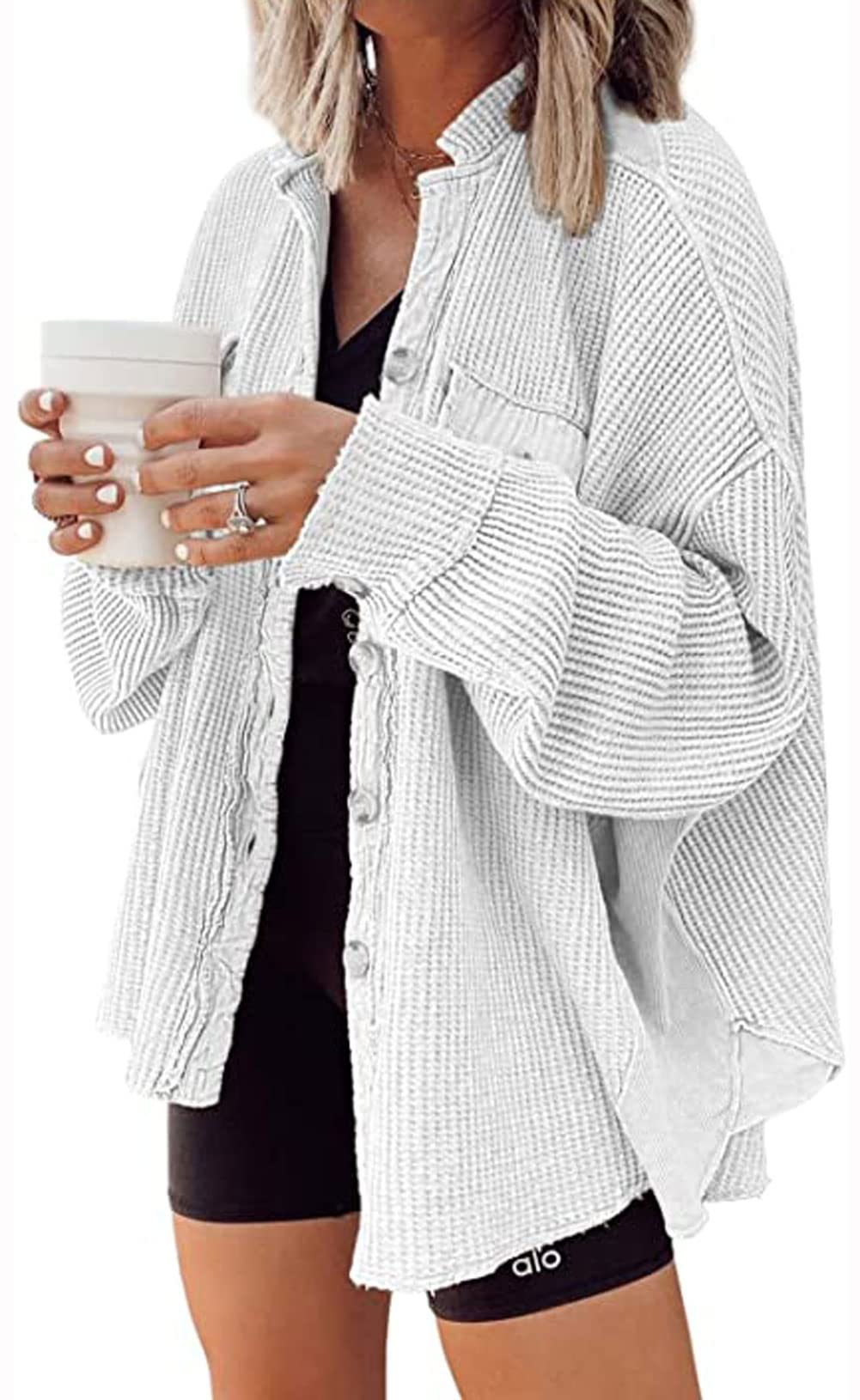 UTCOCO Women's Casual Waffle Knit Shacket Jacket Loose Fit Long Sleeve Button Down Shirt Shacket Top