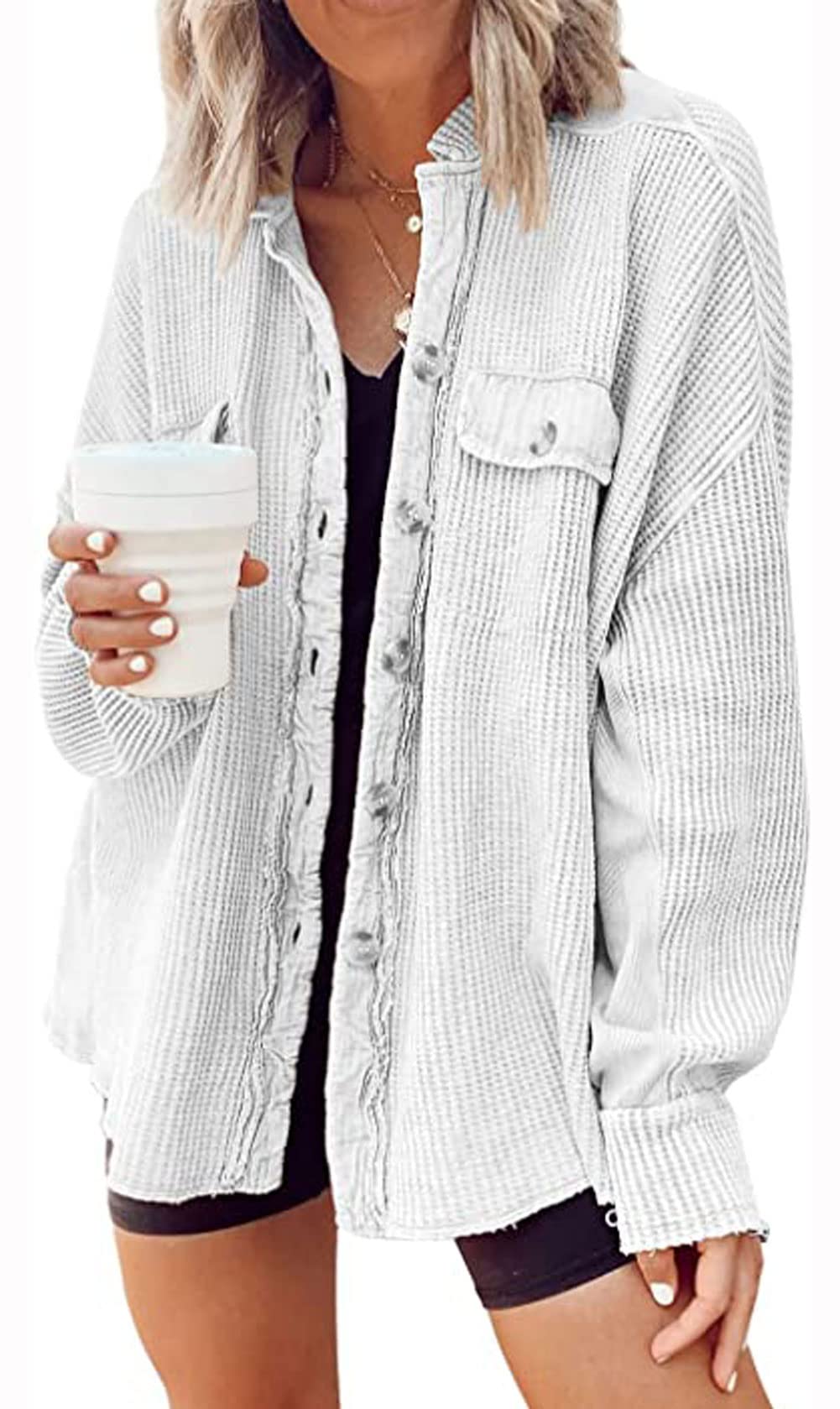 UTCOCO Women's Casual Waffle Knit Shacket Jacket Loose Fit Long Sleeve Button Down Shirt Shacket Top