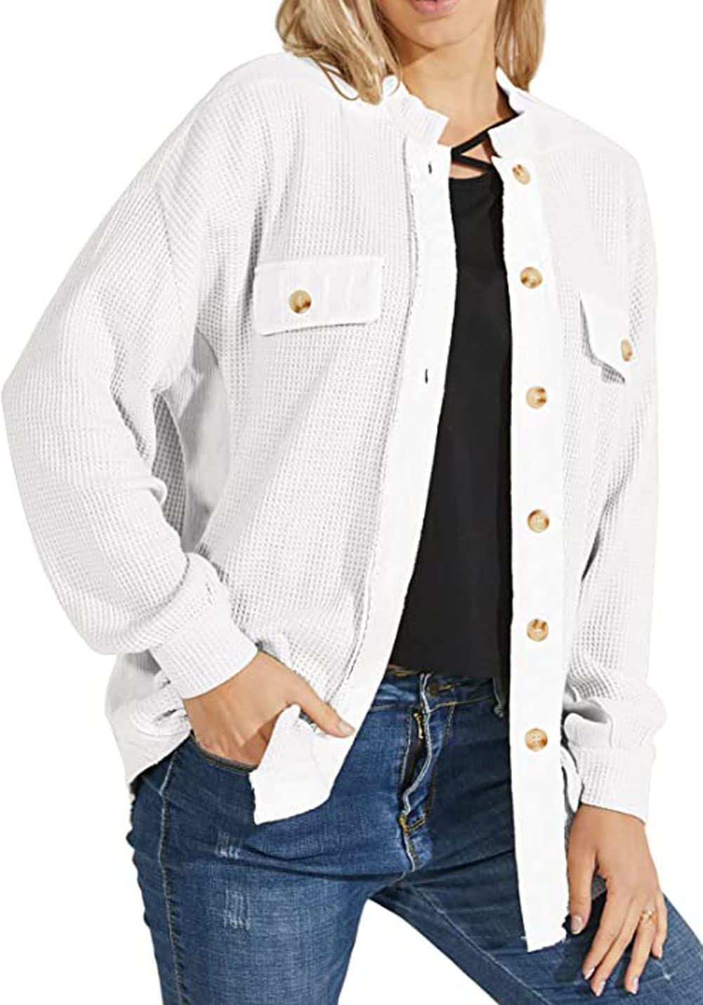 UTCOCO Women's Casual Waffle Knit Shacket Jacket Loose Fit Long Sleeve Button Down Shirt Shacket Top