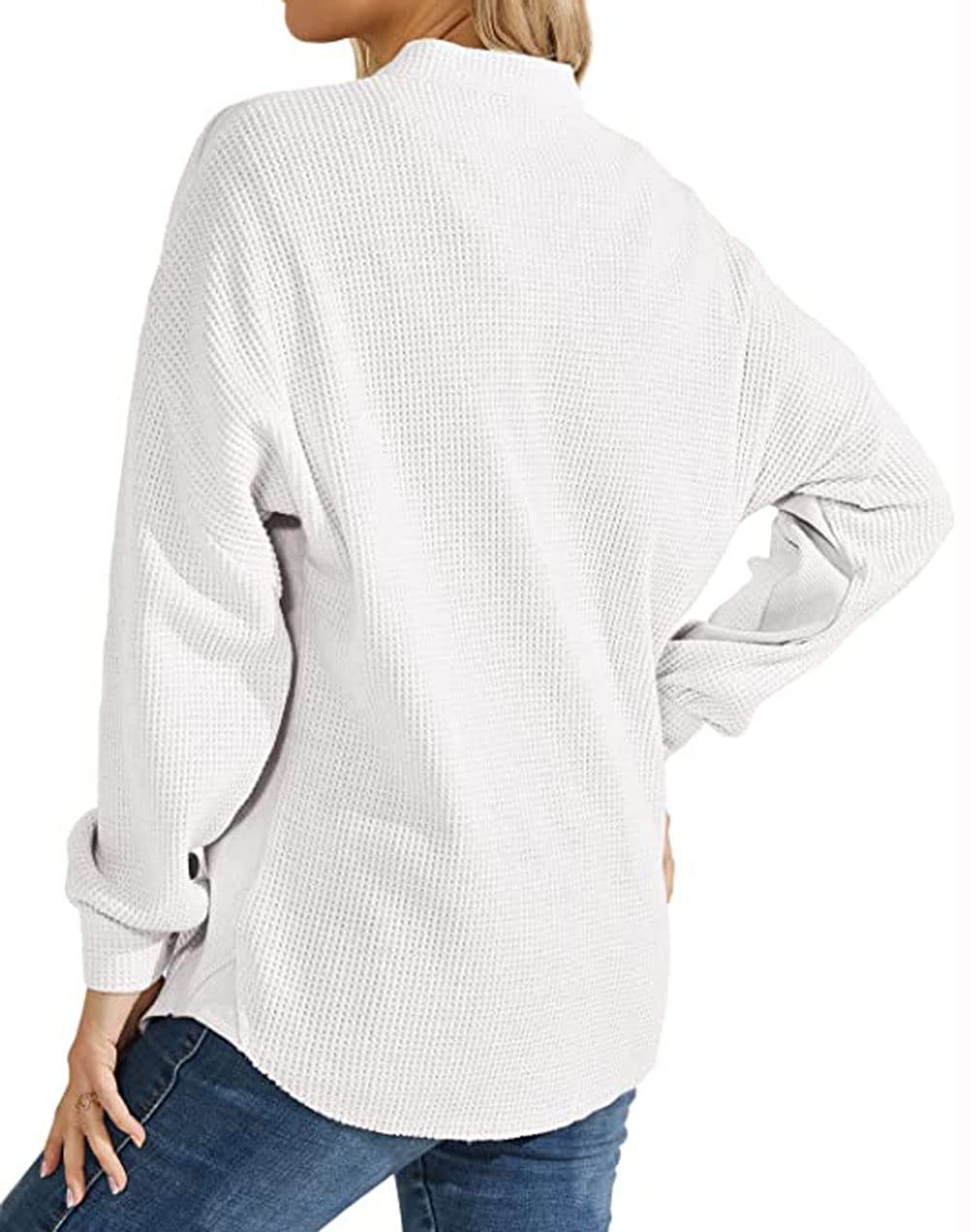UTCOCO Women's Casual Waffle Knit Shacket Jacket Loose Fit Long Sleeve Button Down Shirt Shacket Top