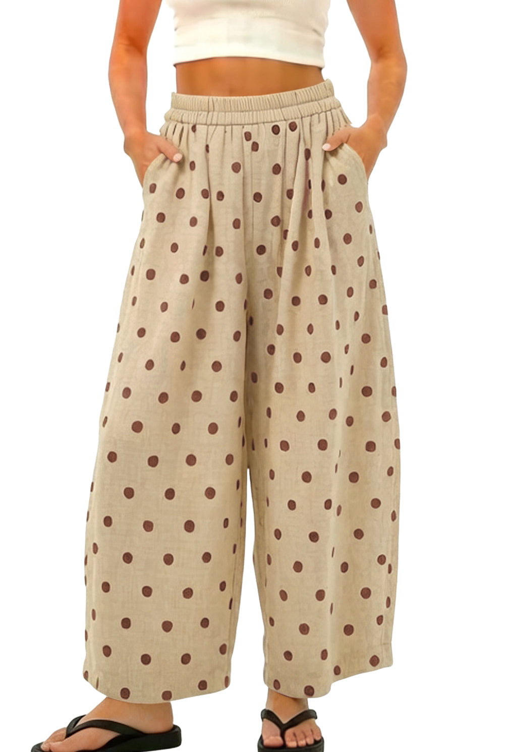 CHOUYATOU Women Summer Boho Cotton Linen Polka Dot Pants Beach Elastic Waist Palazzo Wide Leg Barrel Pants