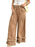 CHOUYATOU Women's Frayed Fringe Wide Leg Jeans Pleated Baggy Denim Pants | Elastic Waistband, Fringed Tassel Hem, Elegant Pleats, Baggy Loose Fit, With Pockets, Jeans For Women Fringe Bottom