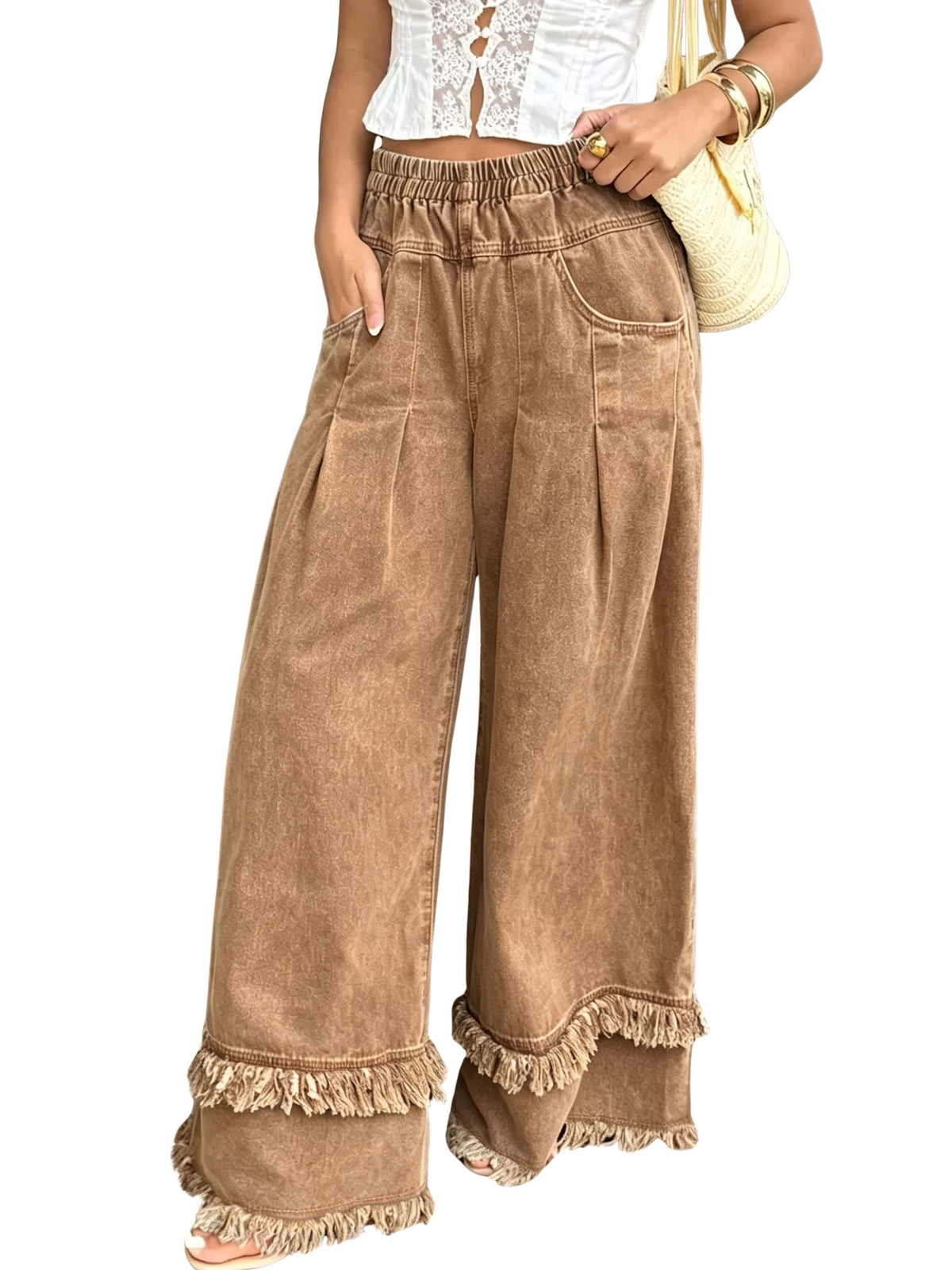 CHOUYATOU Women's Frayed Fringe Wide Leg Jeans Pleated Baggy Denim Pants | Elastic Waistband, Fringed Tassel Hem, Elegant Pleats, Baggy Loose Fit, With Pockets, Jeans For Women Fringe Bottom