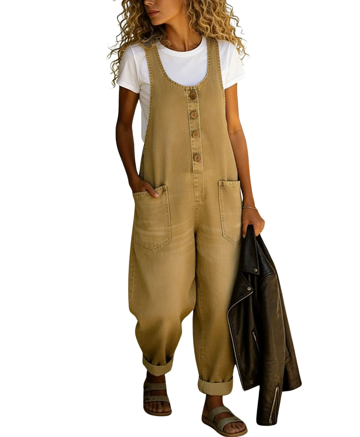 CHOUYATOU Women's Suspender Strap Loose Denim Bib Overalls Y2k Baggy Distressed Jeans Wide Leg Jumpsuit Pants
