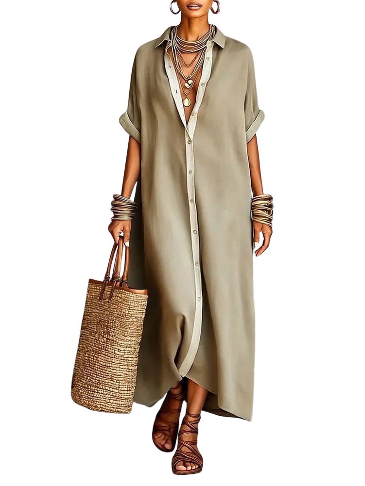 Chouyatou Women's Contrast Color Button Down Shirt Dress Short Sleeve Cotton Linen Casual Loose Beach Long Maxi Dress