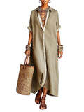 CHOUYATOU Women's Contrast Color Button Down Shirt Dress Short Sleeve Cotton Linen Casual Loose Beach Long Maxi Dress