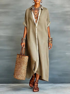 Chouyatou Women's Contrast Color Button Down Shirt Dress Short Sleeve Cotton Linen Casual Loose Beach Long Maxi Dress