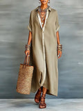 CHOUYATOU Women's Contrast Color Button Down Shirt Dress Short Sleeve Cotton Linen Casual Loose Beach Long Maxi Dress