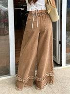 CHOUYATOU Women's Frayed Fringe Wide Leg Jeans Pleated Baggy Denim Pants | Elastic Waistband, Fringed Tassel Hem, Elegant Pleats, Baggy Loose Fit, With Pockets, Jeans For Women Fringe Bottom