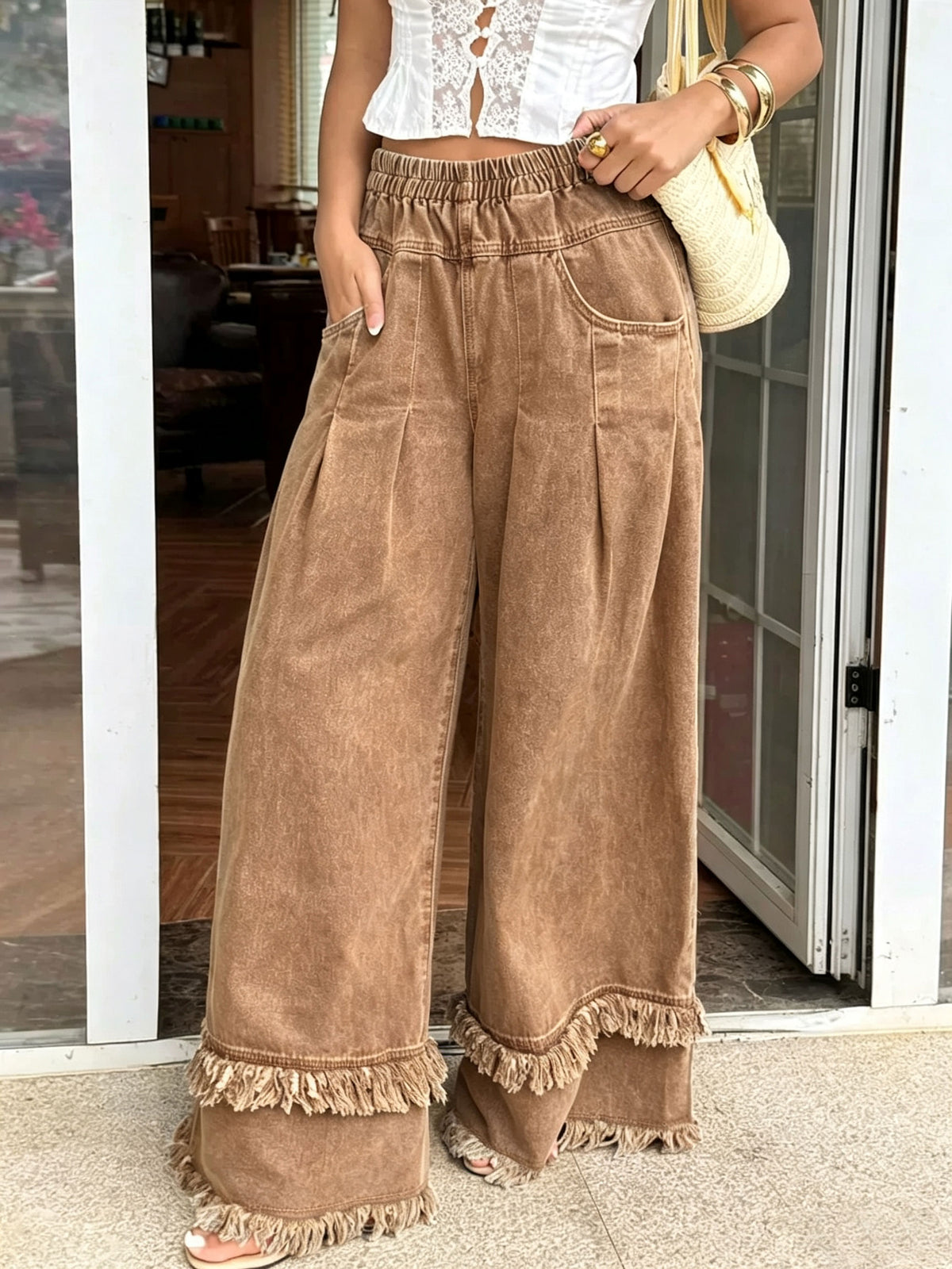 CHOUYATOU Women's Frayed Fringe Wide Leg Jeans Pleated Baggy Denim Pants | Elastic Waistband, Fringed Tassel Hem, Elegant Pleats, Baggy Loose Fit, With Pockets, Jeans For Women Fringe Bottom