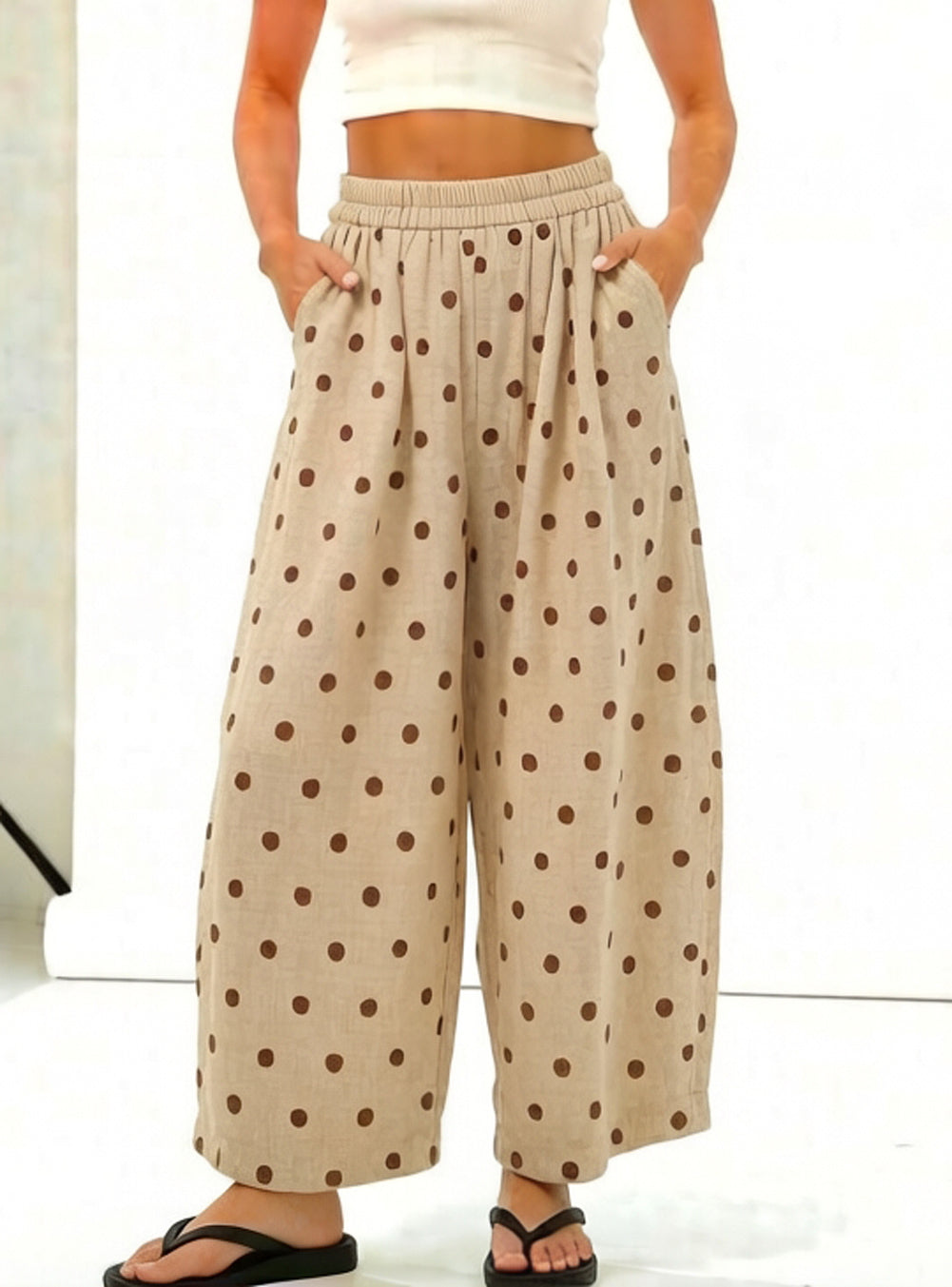 CHOUYATOU Women Summer Boho Cotton Linen Polka Dot Pants Beach Elastic Waist Palazzo Wide Leg Barrel Pants