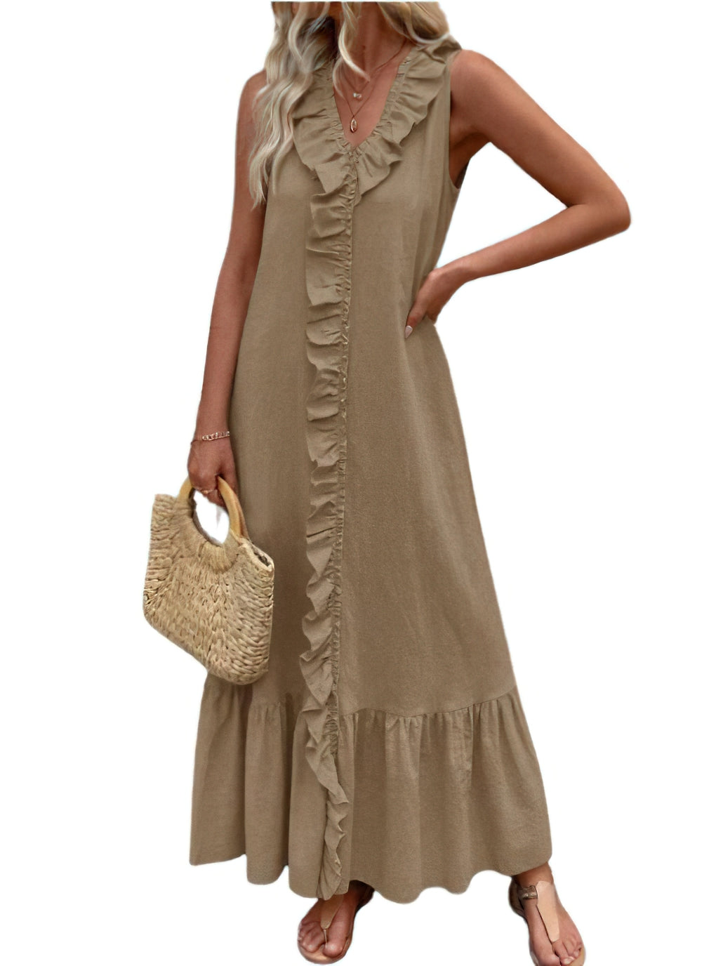 Chouyatou Women's Summer Beach Cotton Tank Dress Linen Boho Sleeveless Tiered Ruffle Maxi Long Sundress