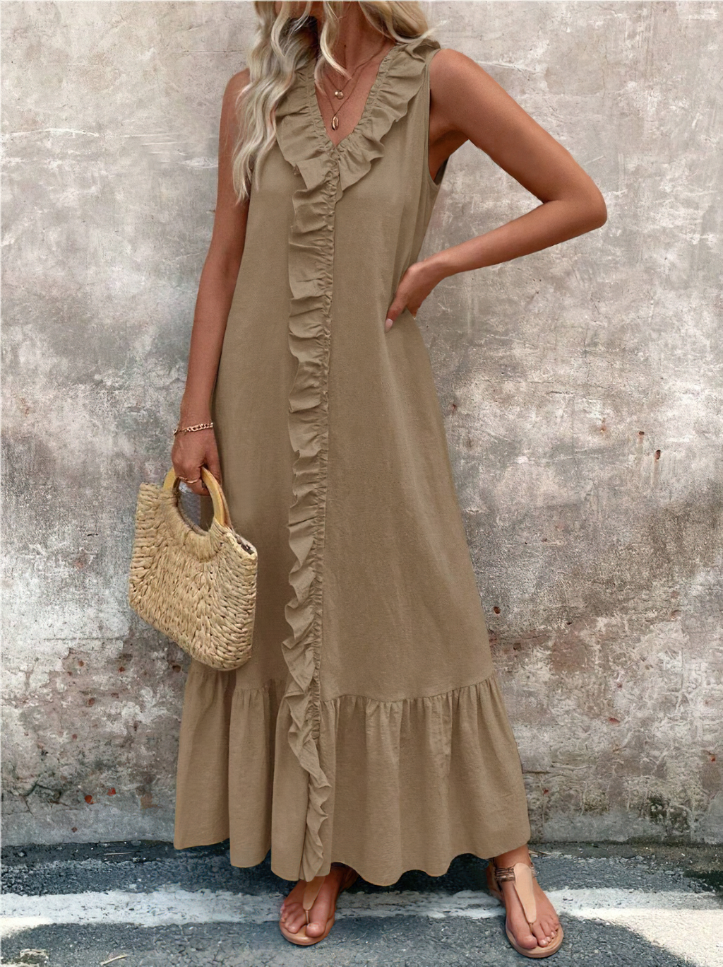 Chouyatou Women's Summer Beach Cotton Tank Dress Linen Boho Sleeveless Tiered Ruffle Maxi Long Sundress
