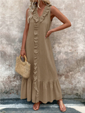 CHOUYATOU Women's Summer Beach Cotton Tank Dress Linen Boho Sleeveless Tiered Ruffle Maxi Long Sundress