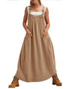 chouyatou Women's Cargo Overall Dress Sleeveless Adjustable Strap Safari Maxi Jumper Dress with Pockets