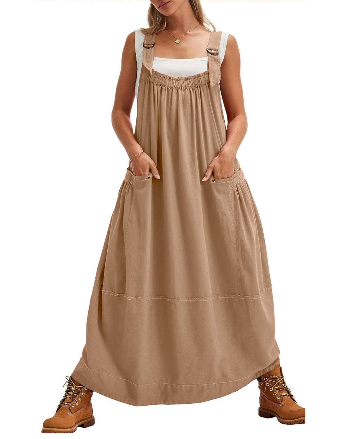 chouyatou Women's Cargo Overall Dress Sleeveless Adjustable Strap Safari Maxi Jumper Dress with Pockets