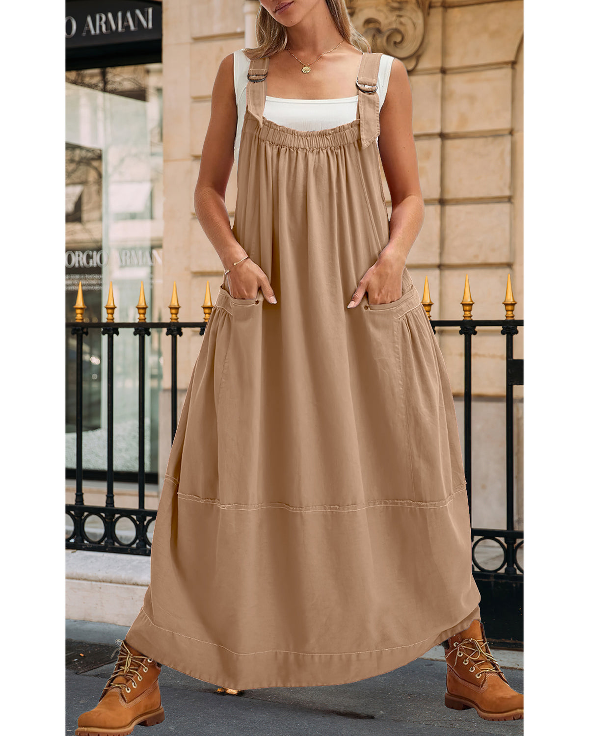 chouyatou Women's Cargo Overall Dress Sleeveless Adjustable Strap Safari Maxi Jumper Dress with Pockets