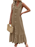 CHOUYATOU Women's Summer Beach Cotton Tank Dress Linen Boho Sleeveless Tiered Ruffle Maxi Long Sundress