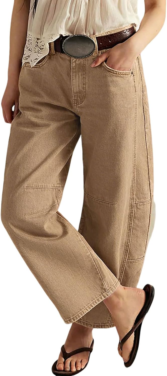 Chouyatou Women Casual Wide Leg Mid Rise Jeans Baggy Barrel Jeans Denim Pull On Pants Sweatpants Y2k Boyfriend Boho Ankle Pant
