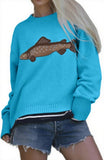 Chouyatou Women Fashion Crew Neck Rib Knit Crucian Carp Graphic Oversized Y2k Pullover Sweater Jumper