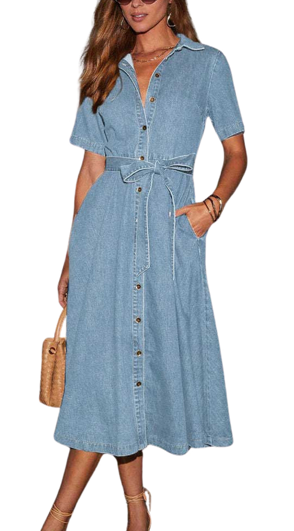 Chouyatou Women Summer Belted Button Down Denim Shirt Dress Business Casual Short Sleeve Jean Shirt Dress