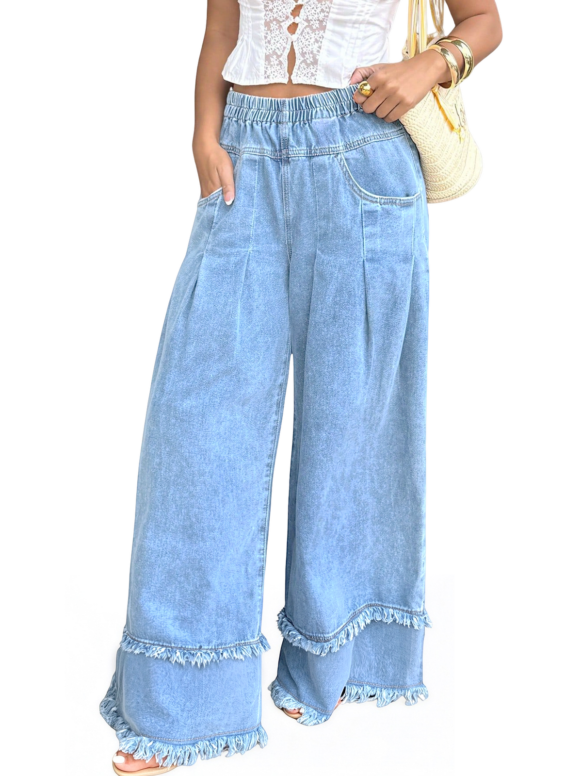 CHOUYATOU Women's Frayed Fringe Wide Leg Jeans Pleated Baggy Denim Pants | Elastic Waistband, Fringed Tassel Hem, Elegant Pleats, Baggy Loose Fit, With Pockets, Jeans For Women Fringe Bottom