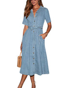 Chouyatou Women Summer Belted Button Down Denim Shirt Dress Business Casual Short Sleeve Jean Shirt Dress