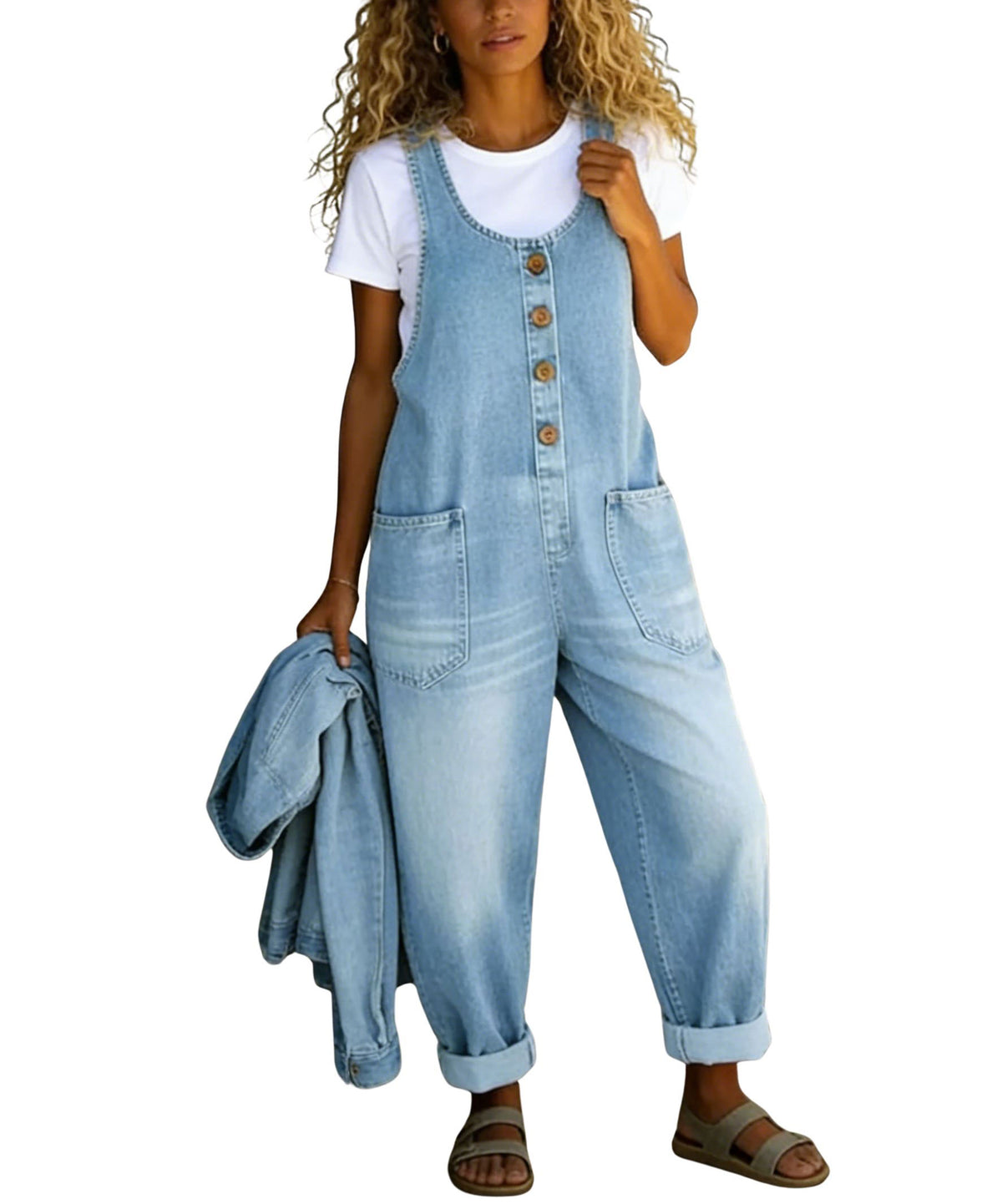 CHOUYATOU Women's Suspender Strap Loose Denim Bib Overalls Y2k Baggy Distressed Jeans Wide Leg Jumpsuit Pants