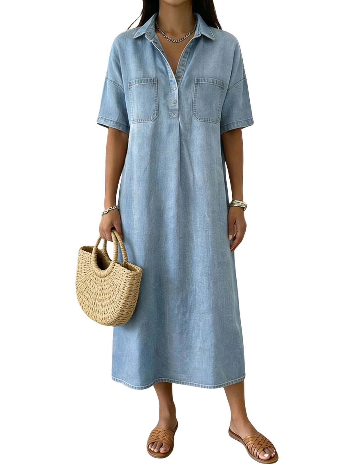 Chouyatou Women's Distressed Button Up Denim Polo Shirt Dress Short Sleeve Casual Loose Pleated Jean Midi Long Dress