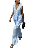 CHOUYATOU Women's Casual 2 Piece Outfits Peplum Ruffle Tank Top Wide leg Long Palazzo Pants Matching Set