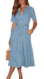 Chouyatou Women Summer Belted Button Down Denim Shirt Dress Business Casual Short Sleeve Jean Shirt Dress