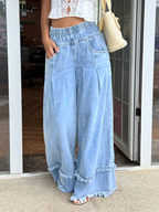 CHOUYATOU Women's Frayed Fringe Wide Leg Jeans Pleated Baggy Denim Pants | Elastic Waistband, Fringed Tassel Hem, Elegant Pleats, Baggy Loose Fit, With Pockets, Jeans For Women Fringe Bottom