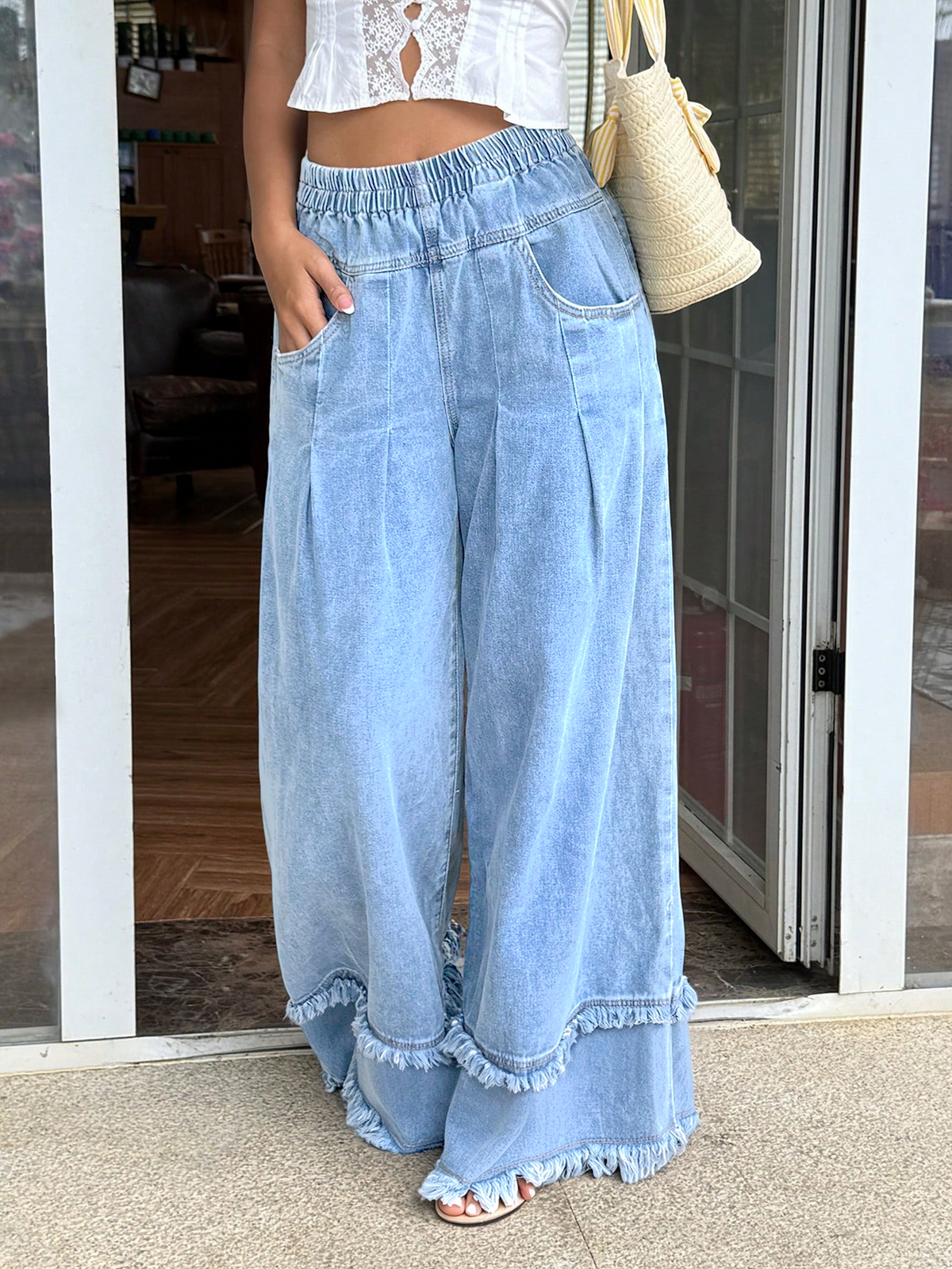 CHOUYATOU Women's Frayed Fringe Wide Leg Jeans Pleated Baggy Denim Pants | Elastic Waistband, Fringed Tassel Hem, Elegant Pleats, Baggy Loose Fit, With Pockets, Jeans For Women Fringe Bottom