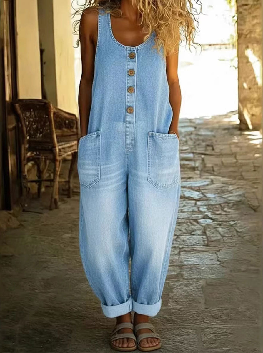 CHOUYATOU Women's Suspender Strap Loose Denim Bib Overalls Y2k Baggy Distressed Jeans Wide Leg Jumpsuit Pants