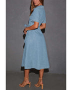 Chouyatou Women Summer Belted Button Down Denim Shirt Dress Business Casual Short Sleeve Jean Shirt Dress
