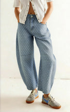CHOUYATOU Women Baggy Polka Dot Barrel Jeans Y2K Floral Print Wide Leg Jeans Boyfriend Denim Ankle Pants